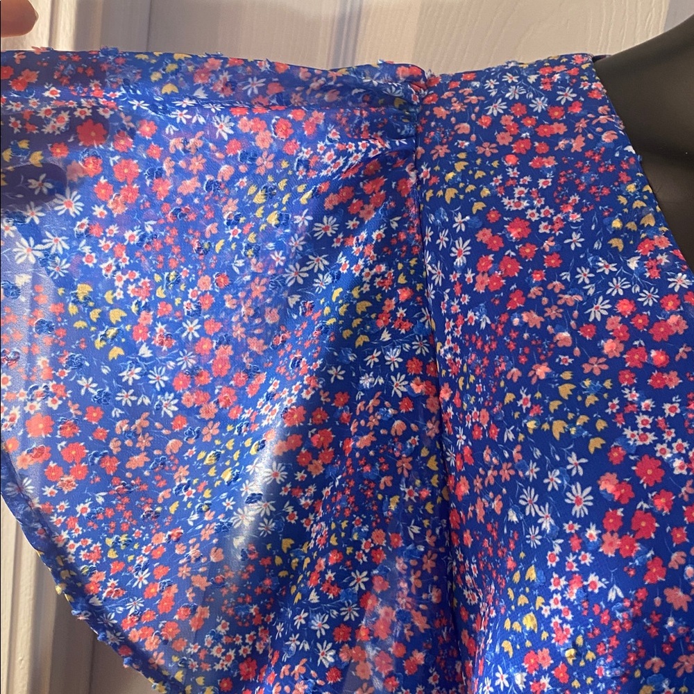 Peach Love California Blue Red Yellow White Sheer Floral Mini Dress - Picture 13 of 15